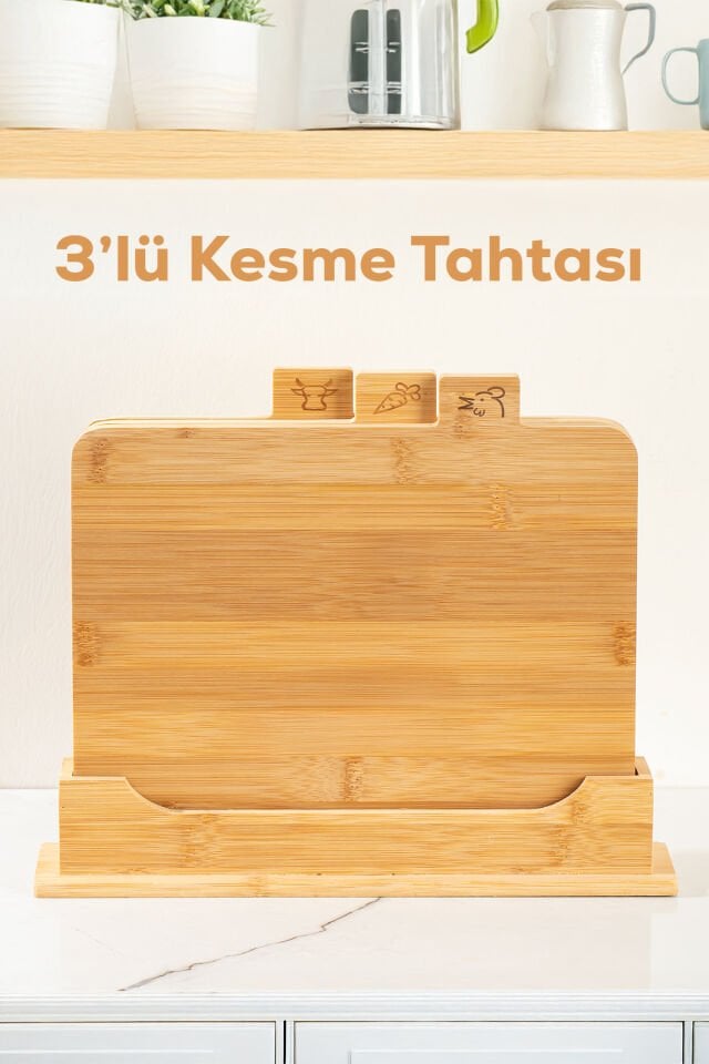 Porsima 16668 Piero Bambu 3lü Standlı Kesme Tahtası Seti Kesim Panosu Ahşap Kesme Tahtası 32cm