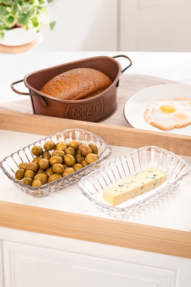 Porsima 0126 Maral 2'li Cam Kahvaltılık Tabak Seti - Zeytin Peynir Sunumluk 18x11,5 cm