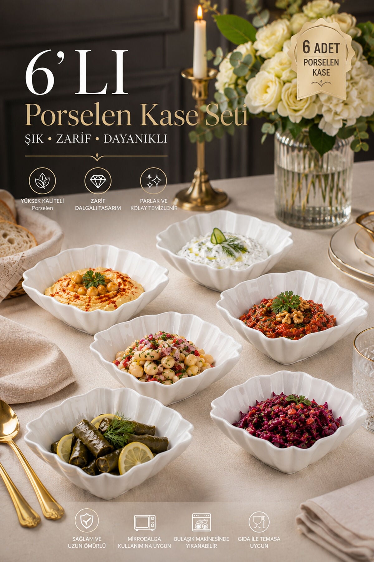 Porsima 6'lı Beyaz Porselen Kase Seti – Çerez, Meze, Salata ve Kahvaltılık Servis Kasesi 15cm