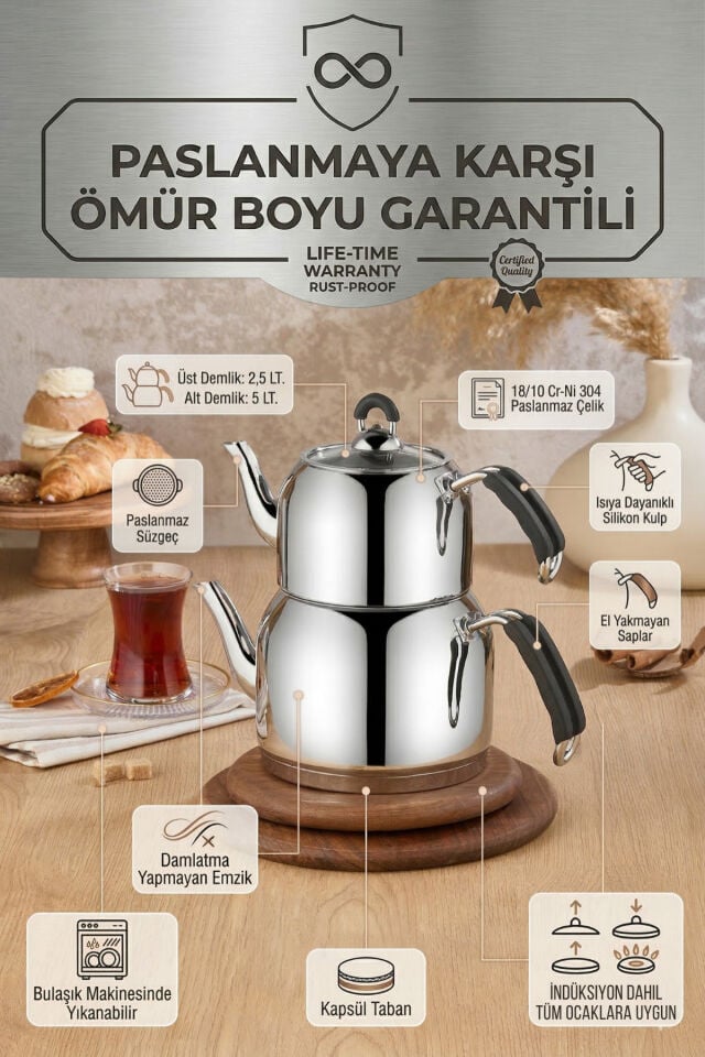Özkent Lotus Jumbo Boy Paslanmaz Çelik Çaydanlık 7,5 Lt (2,5+5Lt) Süzgeçli