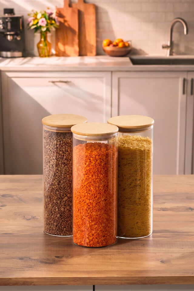 Porsima 4-3 Bambu Vakumlu Kapaklı Yuvarlak Borosilikat Cam 3lü Kavanoz Seti Saklama Kabı 2100ml 10x30cm