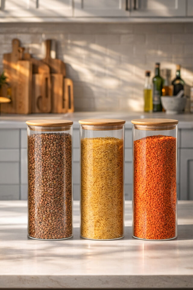 Porsima 4-3 Bambu Vakumlu Kapaklı Yuvarlak Borosilikat Cam 3lü Kavanoz Seti Saklama Kabı 2100ml 10x30cm