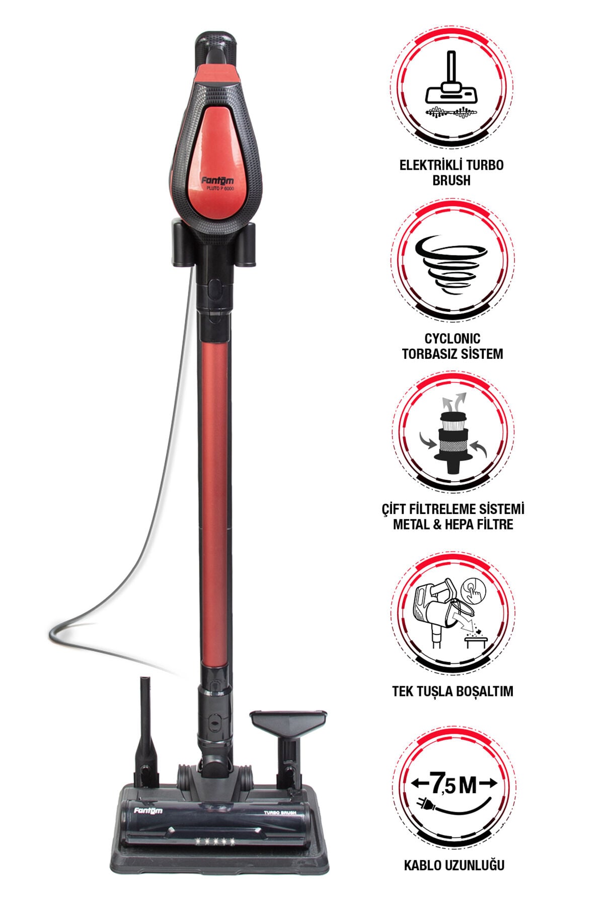 Fantom Pluto P 6000 Cyclone Dikey Elektrikli Toz Torbasız Süpürge Kırmızı