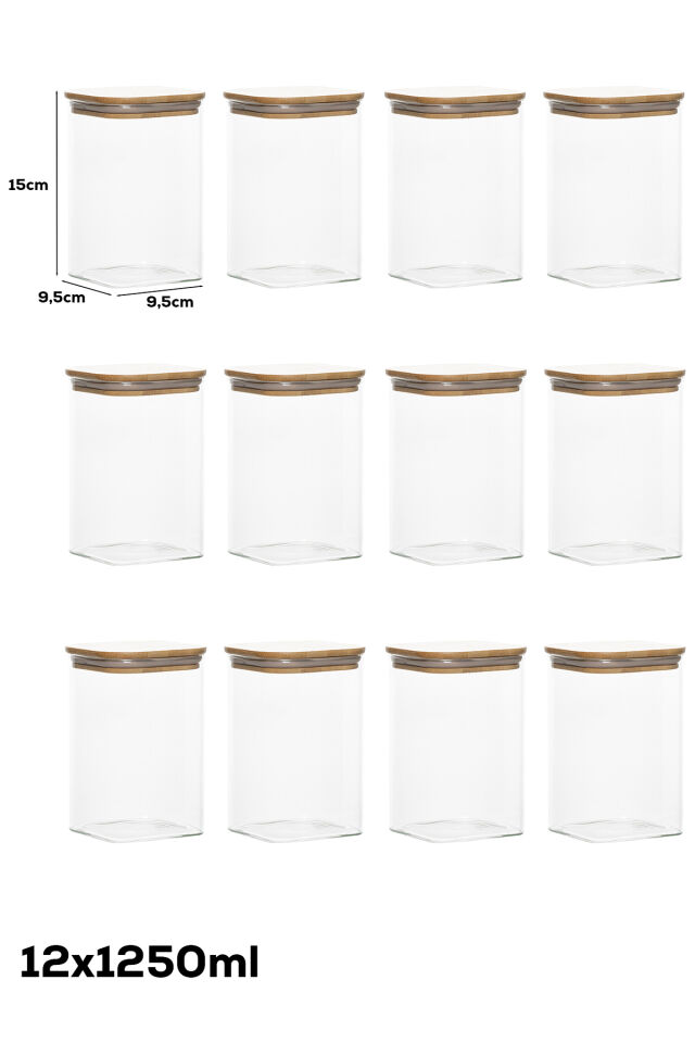 Porsima 6-4 Bambu Vakumlu Kapaklı Kare Borosilikat Cam 12li Kavanoz Seti Saklama Kabı 1250ml 9,5x15cm