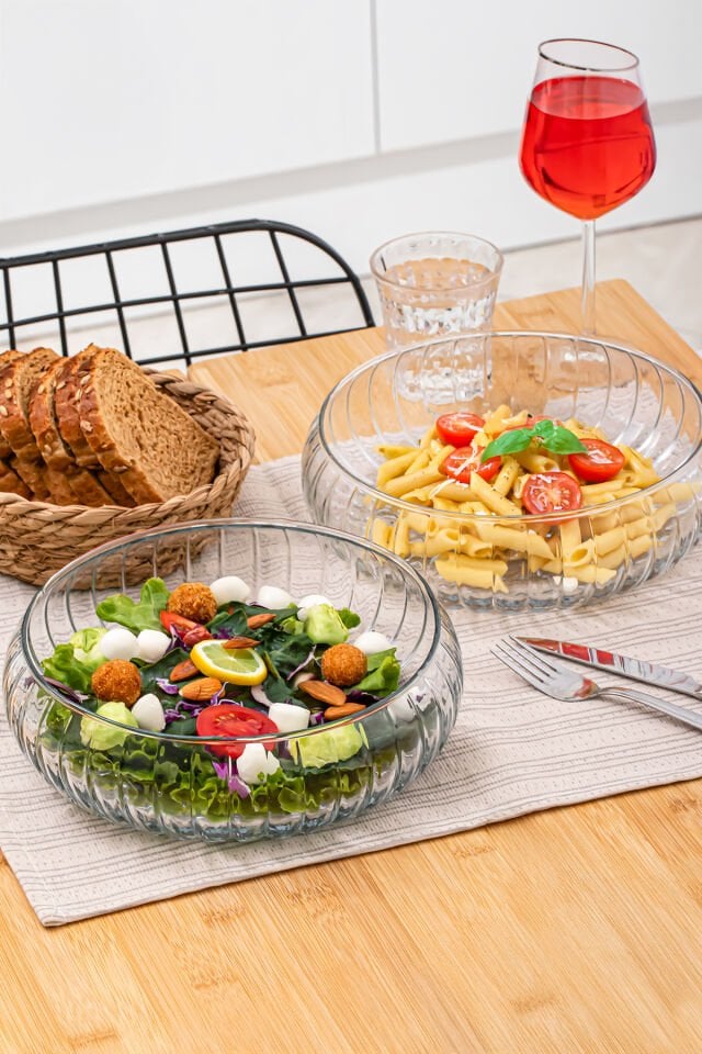 Porsima Ryg7045 Kafes El Yapımı Büyük Boy Cam Salata Meyve Çerez Makarna Sunum Kasesi Şeffaf 23 cm