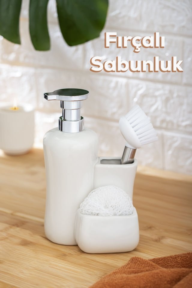 Porsima 277743 Tezgah Üstü Beyaz Sıvı Sabunluk Fırçalı Süngerlikli Sabunluk (550ml) 20cm
