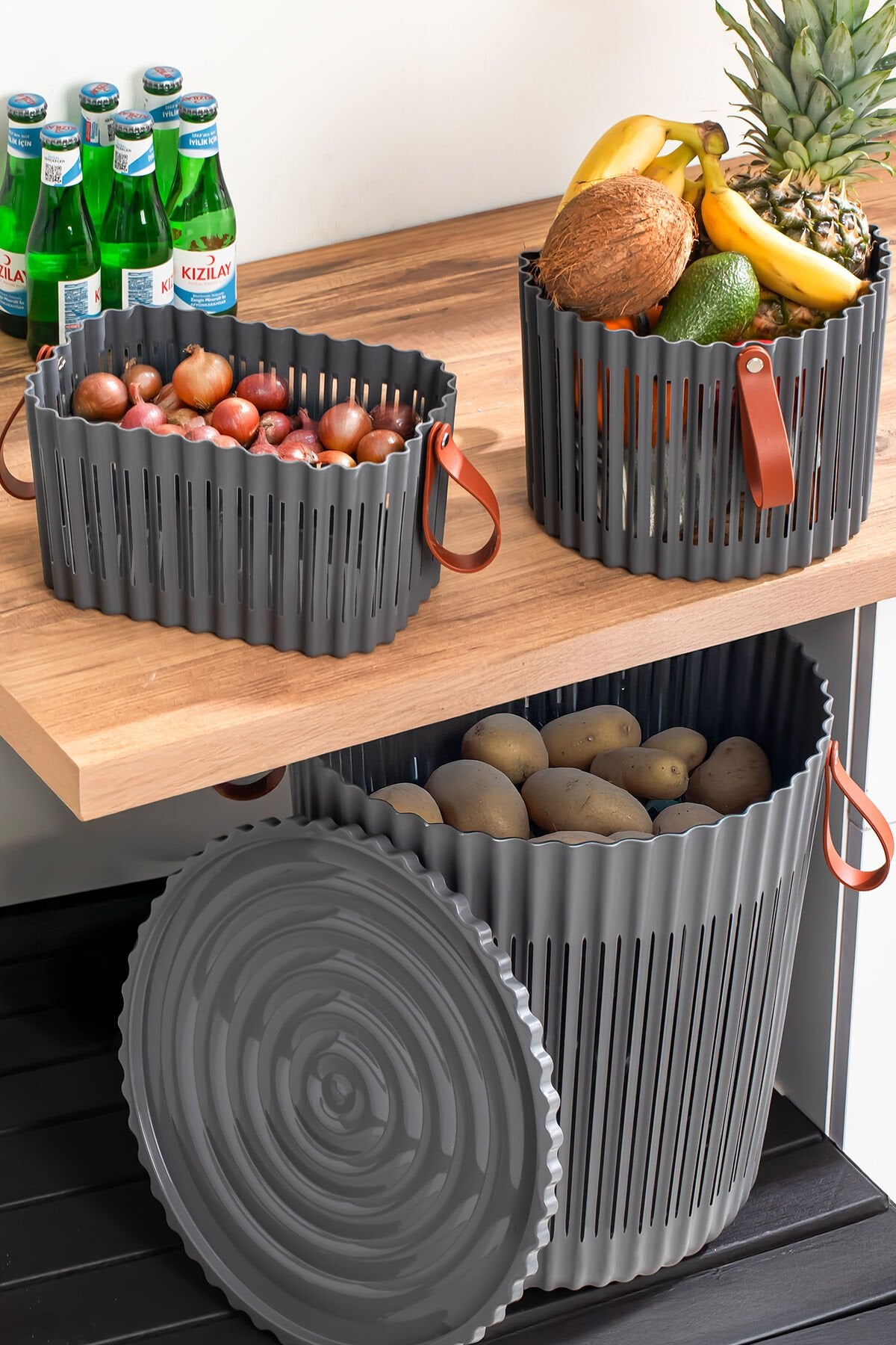 Porsima 4314 Antrasit 3'lü Sepet Seti – Banyo Mutfak Organizeri, Tezgah Üstü ve Kirli Çamaşır Sepeti