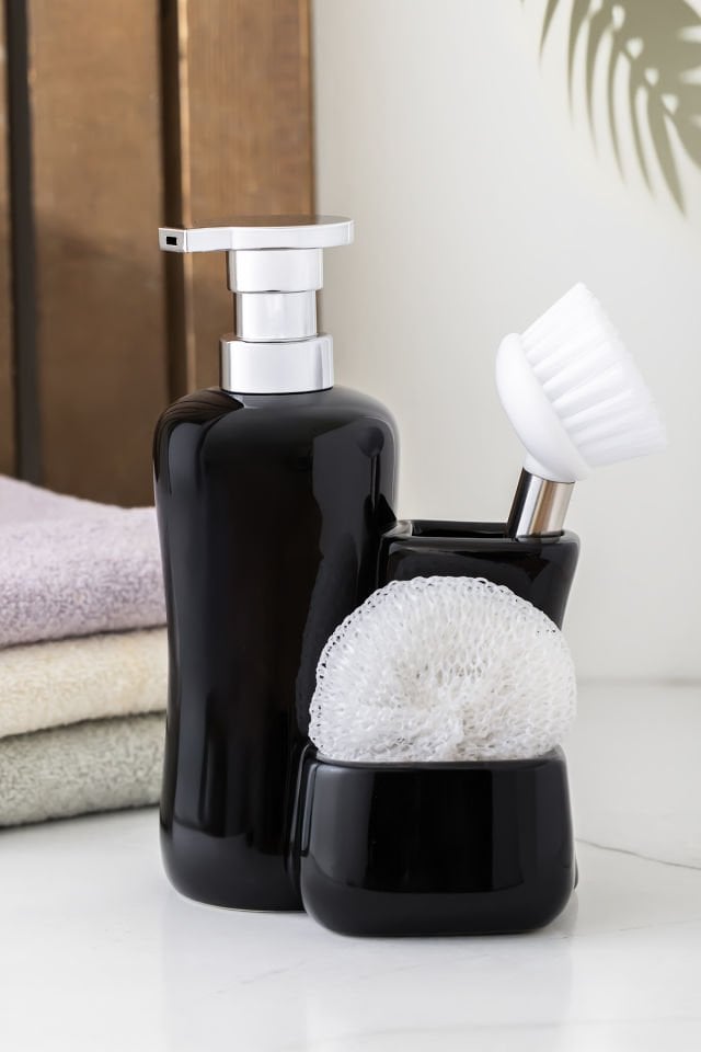 Porsima 268669 Tezgah Üstü Porselen Siyah Sıvı Sabunluk Fırçalı Süngerlikli Sabunluk (550ml) 20cm
