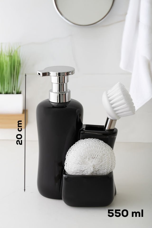 Porsima 268669 Tezgah Üstü Porselen Siyah Sıvı Sabunluk Fırçalı Süngerlikli Sabunluk (550ml) 20cm