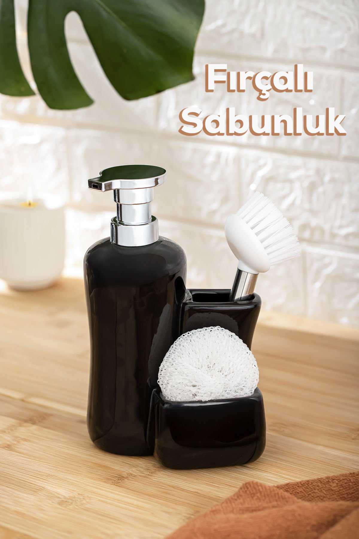 Porsima 268669 Tezgah Üstü Porselen Siyah Sıvı Sabunluk Fırçalı Süngerlikli Sabunluk (550ml) 20cm