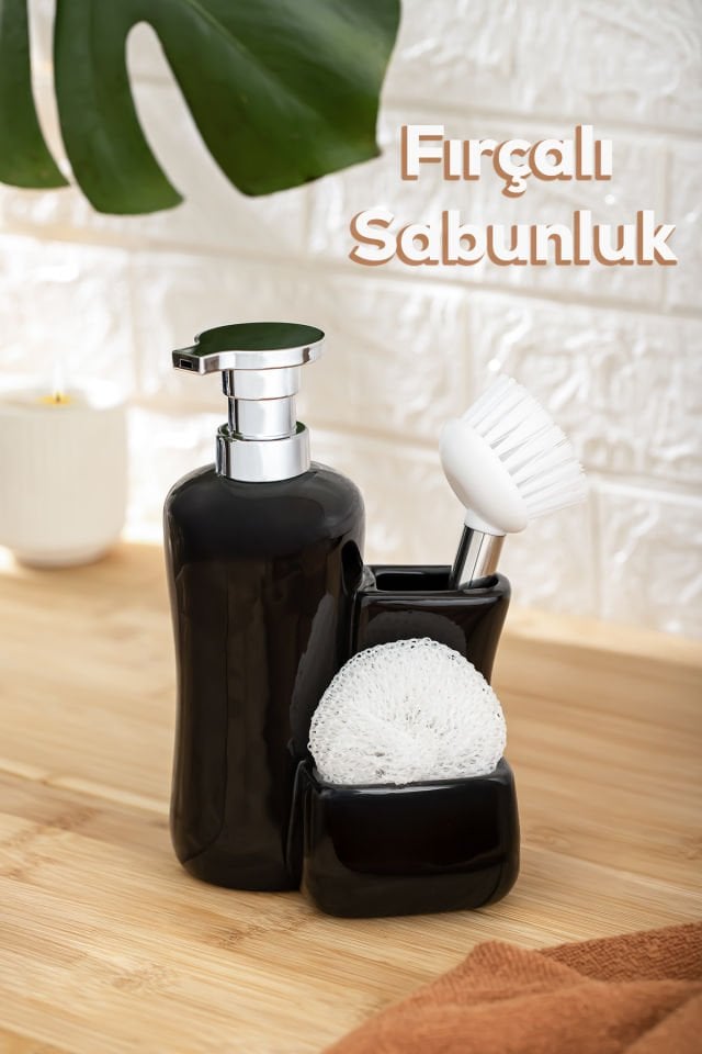 Porsima 268669 Tezgah Üstü Porselen Siyah Sıvı Sabunluk Fırçalı Süngerlikli Sabunluk (550ml) 20cm