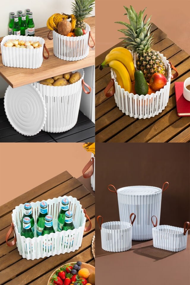 Porsima 4316 Beyaz 3'lü Sepet Seti – Banyo Mutfak Organizeri, Tezgah Üstü ve Kirli Çamaşır Sepeti