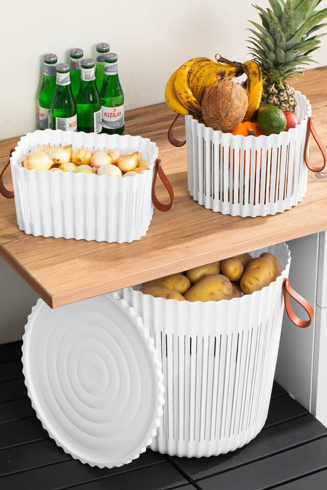 Porsima 4316 Beyaz 3'lü Sepet Seti – Banyo Mutfak Organizeri, Tezgah Üstü ve Kirli Çamaşır Sepeti