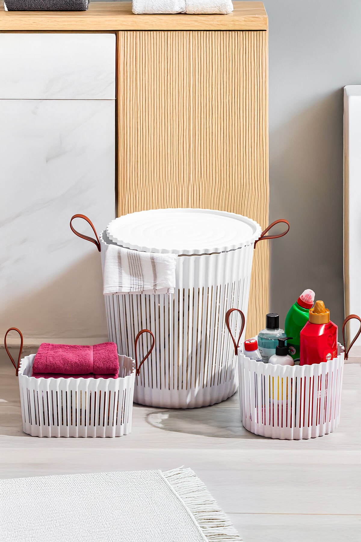 Porsima 4316 Beyaz 3'lü Sepet Seti – Banyo Mutfak Organizeri, Tezgah Üstü ve Kirli Çamaşır Sepeti