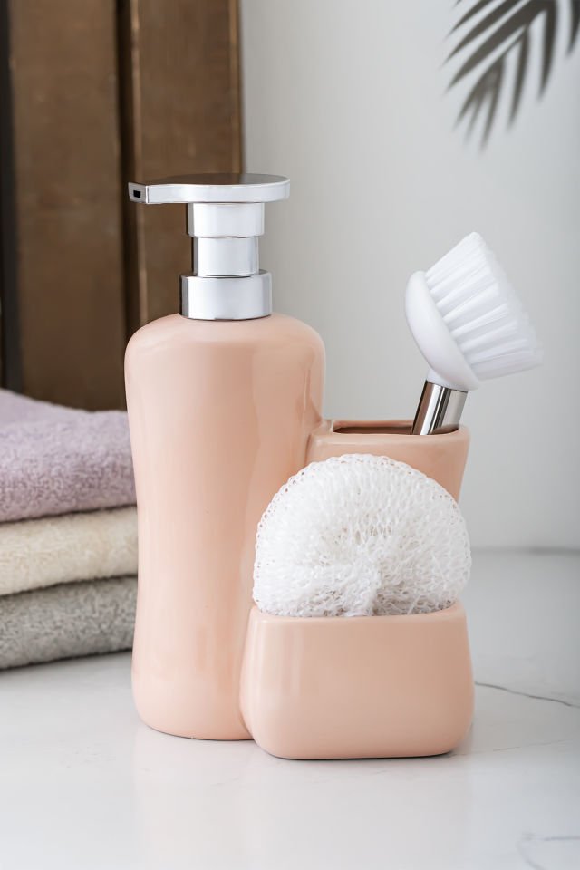 Porsima 277744 Tezgah Üstü Porselen Pudra Sıvı Sabunluk Fırçalı Süngerlikli Sabunluk (550ml) 20cm