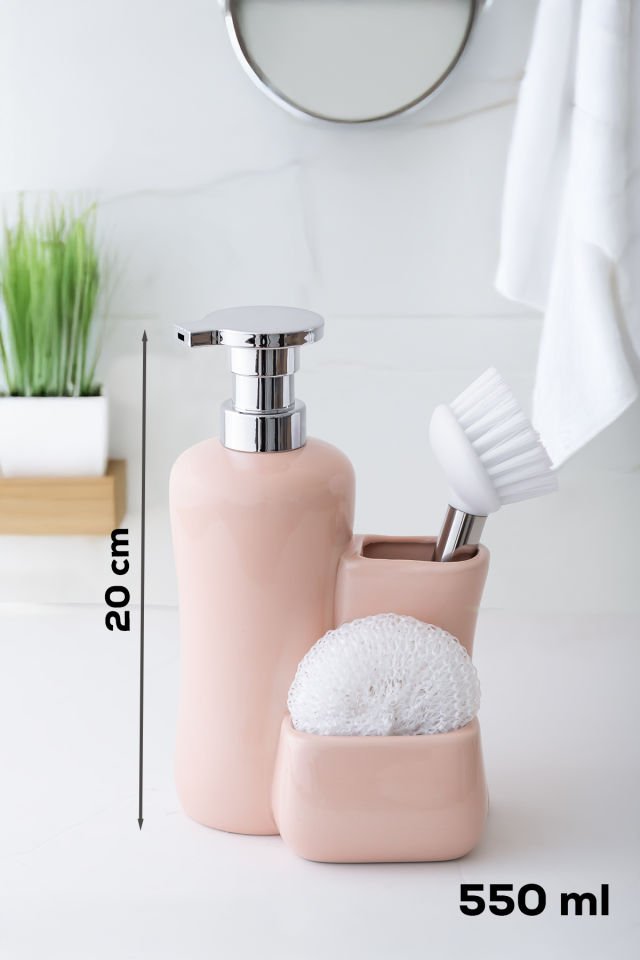Porsima 277744 Tezgah Üstü Porselen Pudra Sıvı Sabunluk Fırçalı Süngerlikli Sabunluk (550ml) 20cm