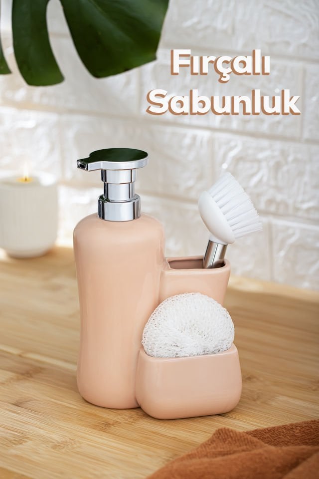 Porsima 277744 Tezgah Üstü Porselen Pudra Sıvı Sabunluk Fırçalı Süngerlikli Sabunluk (550ml) 20cm