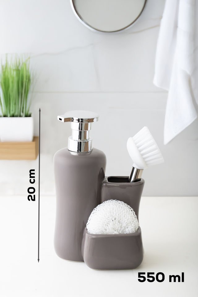 Porsima 277746 Tezgah Üstü Porselen Gri Sıvı Sabunluk Fırçalı Süngerlikli Sabunluk (550ml) 20cm
