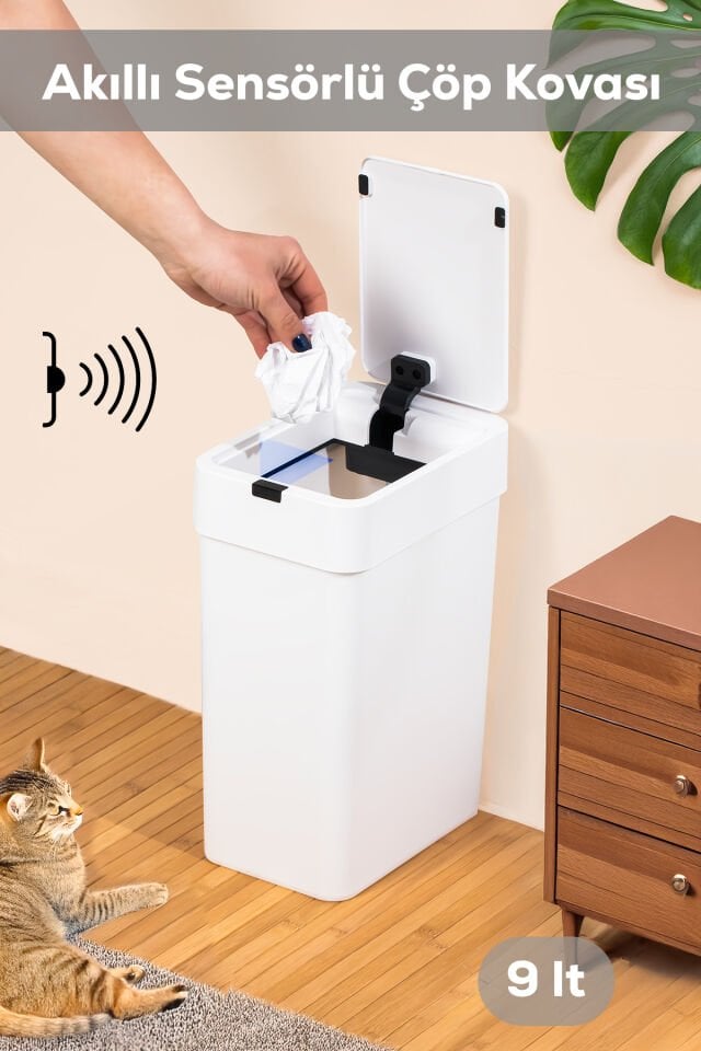 Porsima Me-06 Hareket Sensörlü 9lt Sessiz Banyo Mutfak Çöp Kovası Beyaz