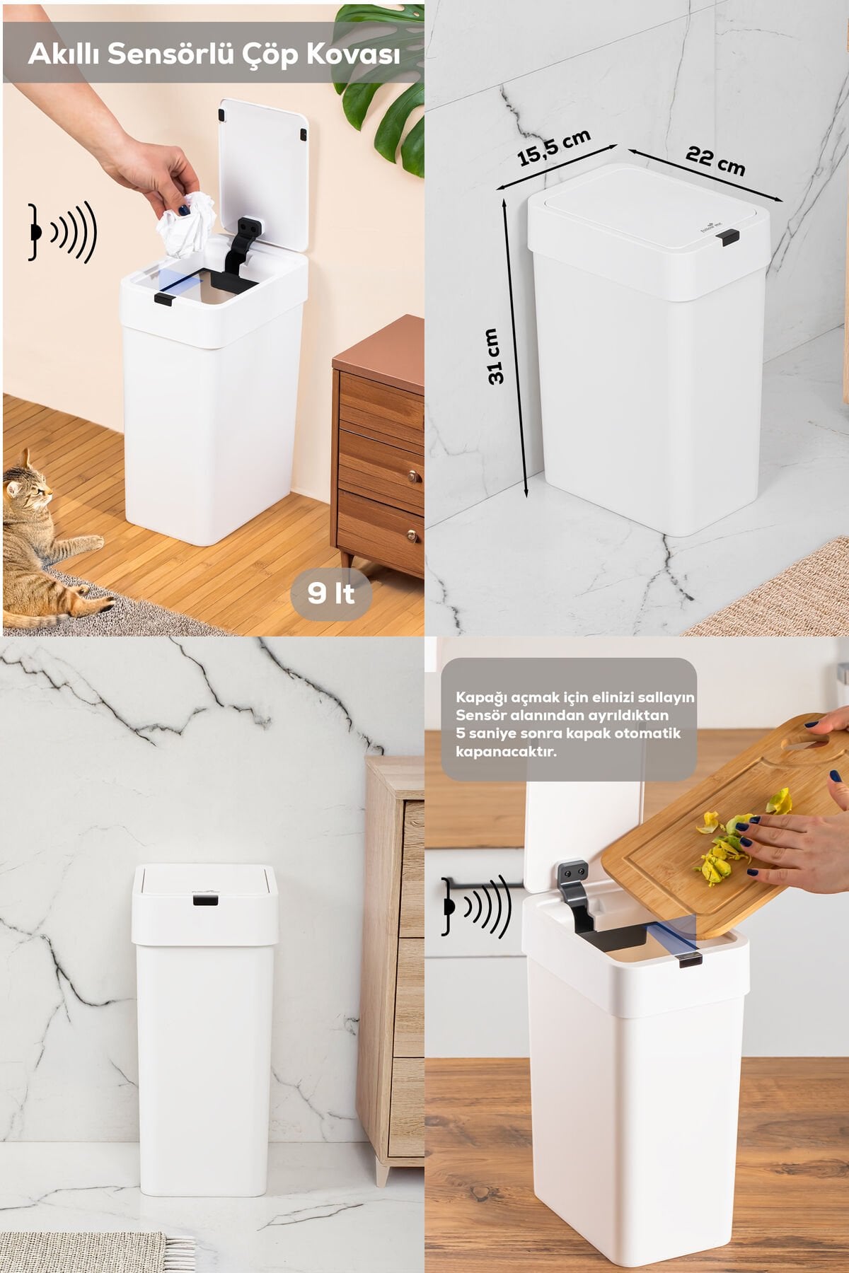 Porsima Me-06 Hareket Sensörlü 9lt Sessiz Banyo Mutfak Çöp Kovası Beyaz