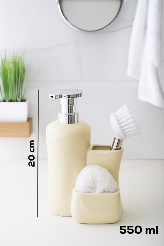 Porsima 277745 Tezgah Üstü Porselen Krem Sıvı Sabunluk Fırçalı Süngerlikli Sabunluk (550ml) 20cm