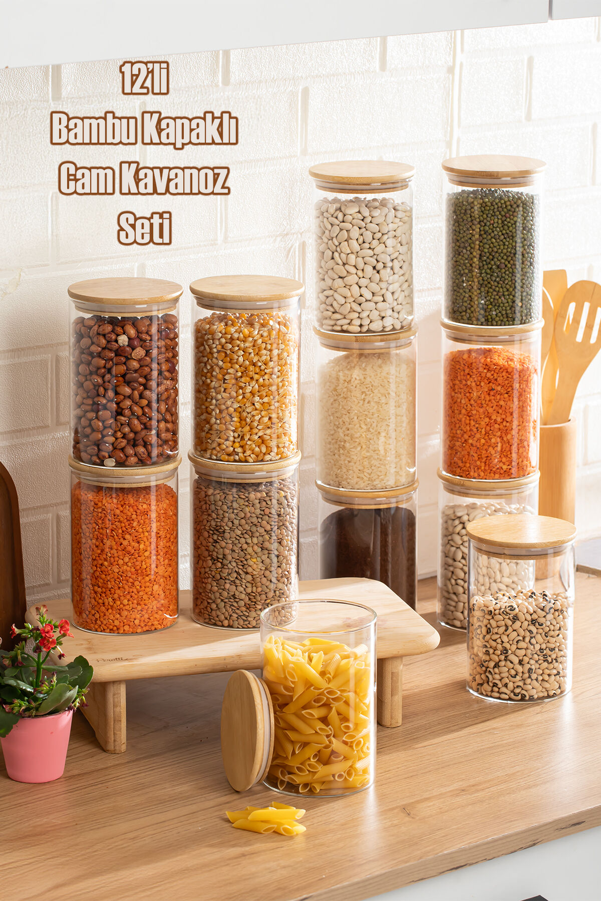 Porsima 2-4 Bambu Vakumlu Kapaklı Yuvarlak Borosilikat Cam 12li Kavanoz Seti Saklama Kabı 1300ml 10x20cm