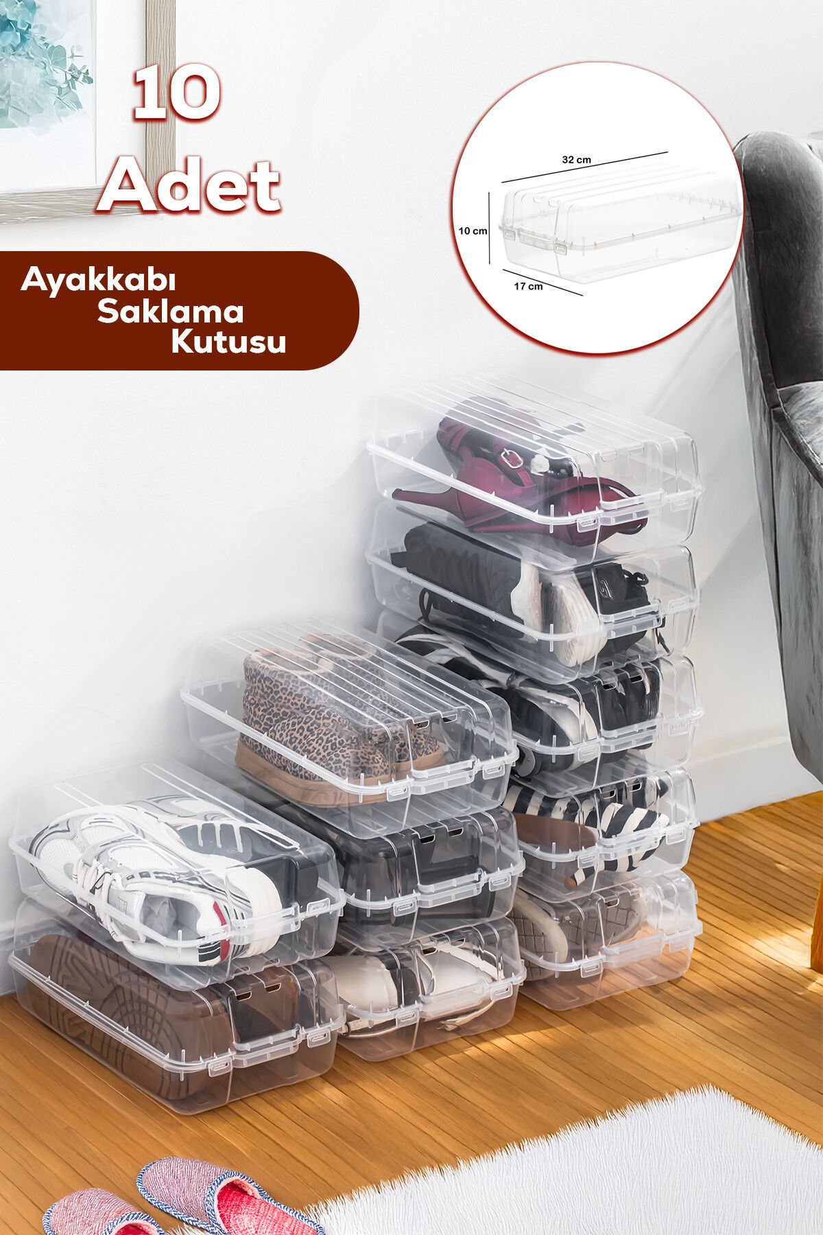 Porsima 3197 10lu Kadın, Çocuk Ayakkabı Saklama Kutusu-Şeffaf Pratik Ayakkabı Kabı Düzenleyici Saklama Seti