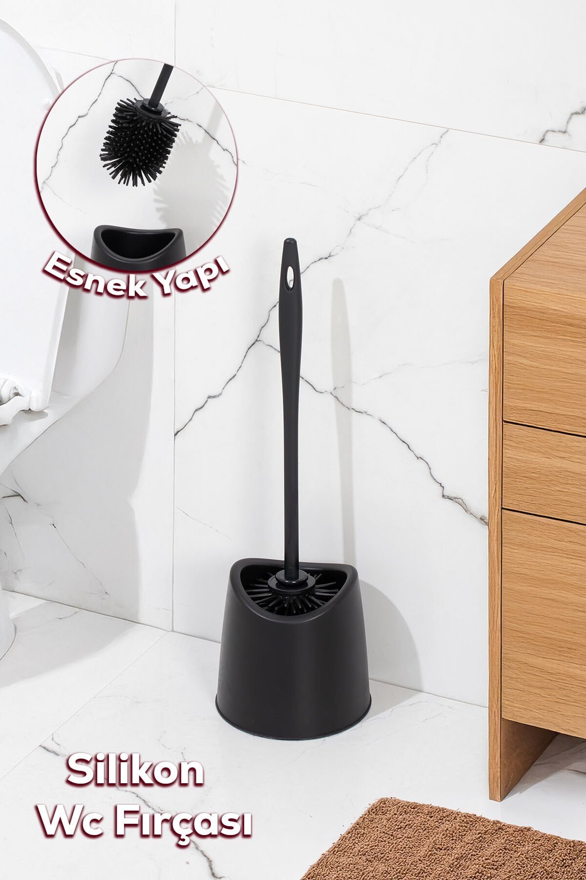 Porsima SB-776 Silikon Wc Tuvalet Banyo Lavabo Fırçası Klozet Temizleme Fırçası Siyah