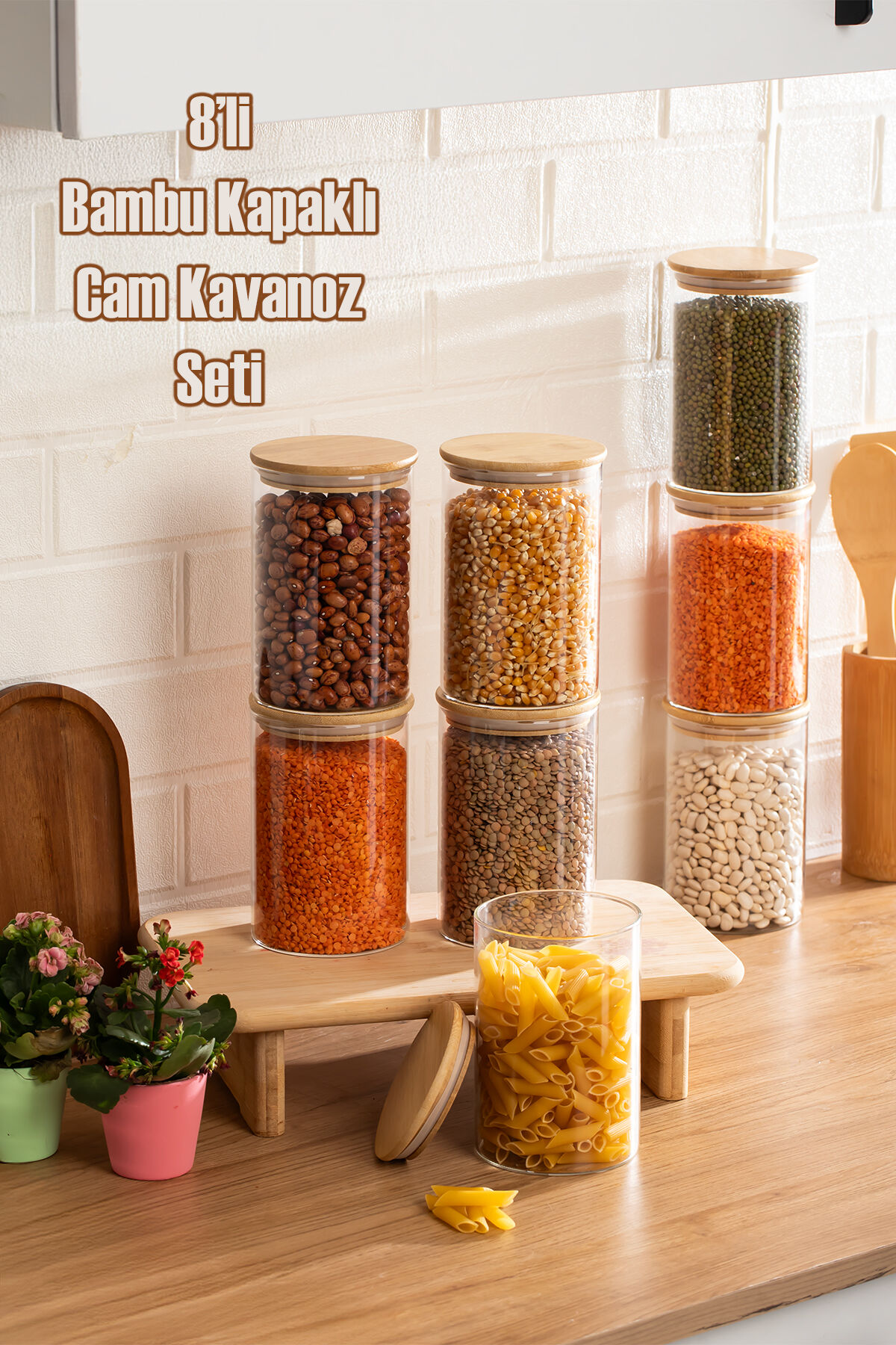 Porsima 2-4 Bambu Vakumlu Kapaklı Yuvarlak Borosilikat Cam 8li Kavanoz Seti Saklama Kabı 1300ml 10x20cm