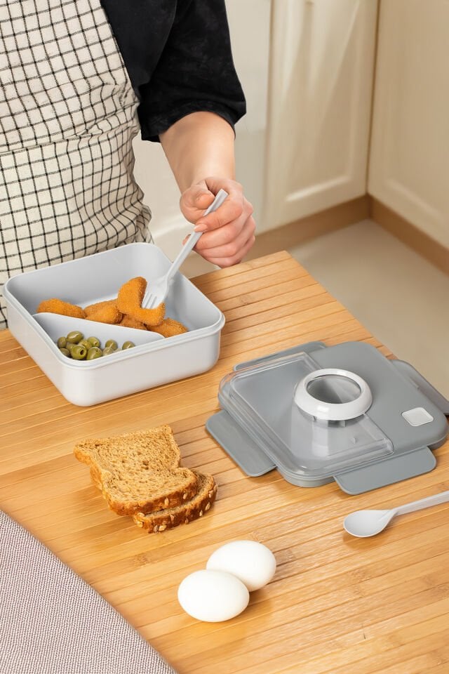 Porsima L-00927 Kendinden Kaşık Çatallı Beslenme Çantası - Taşınabilir Lunch Box - Sefer Tası 1250 Ml