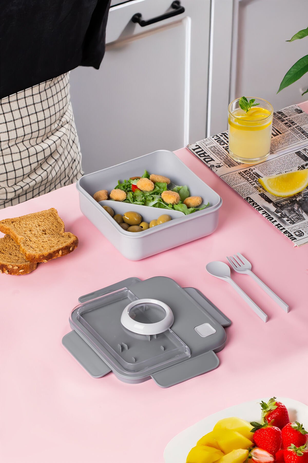 Porsima L-00927 Kendinden Kaşık Çatallı Beslenme Çantası - Taşınabilir Lunch Box - Sefer Tası 1250 Ml