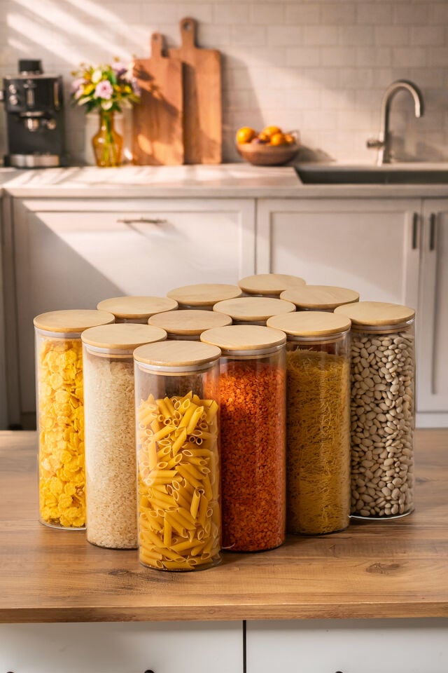 Porsima 4-4 Bambu Vakumlu Kapaklı Yuvarlak Borosilikat Cam 12li Kavanoz Seti Saklama Kabı 2100ml 10x30cm