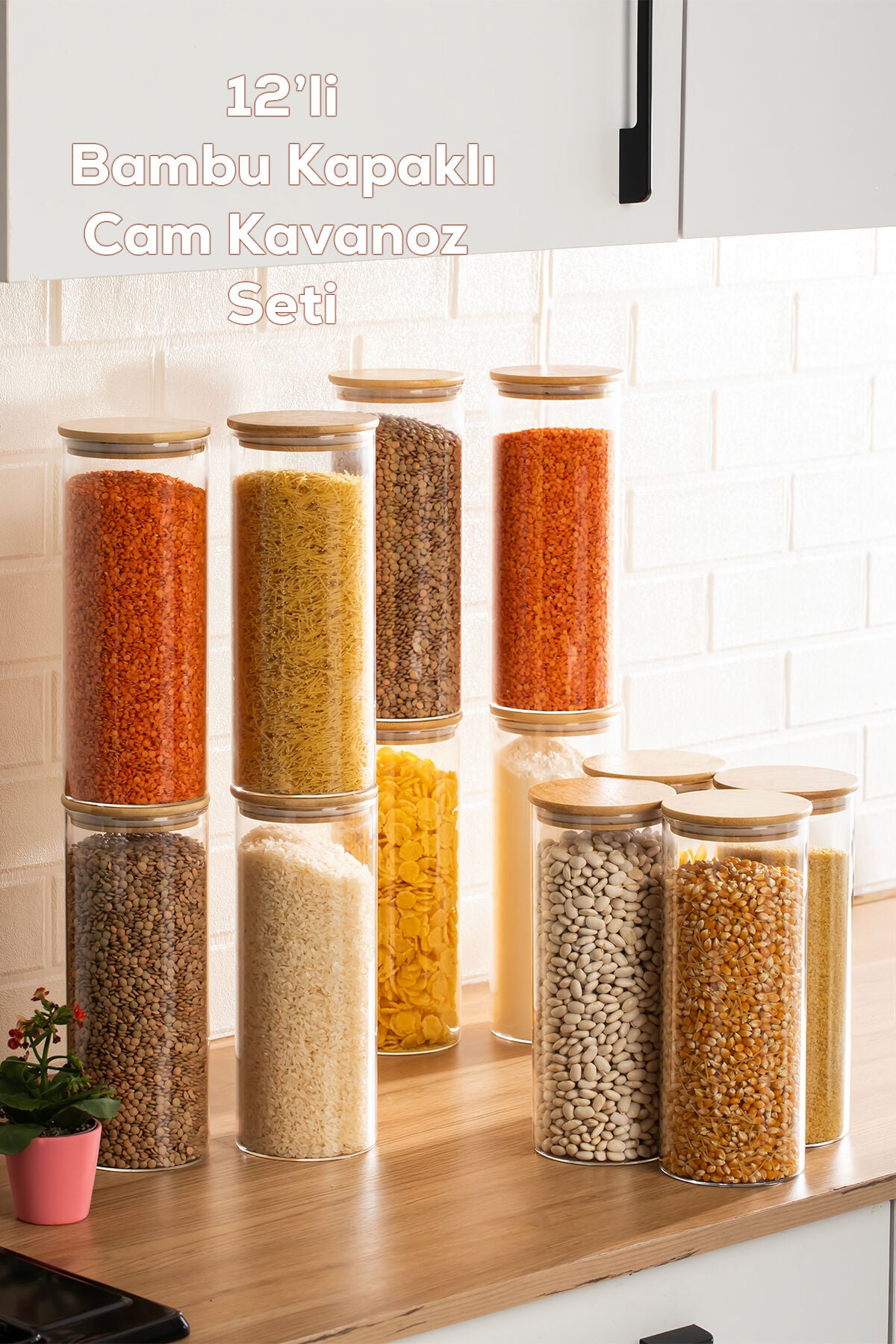 Porsima 4-4 Bambu Vakumlu Kapaklı Yuvarlak Borosilikat Cam 12li Kavanoz Seti Saklama Kabı 2100ml 10x30cm