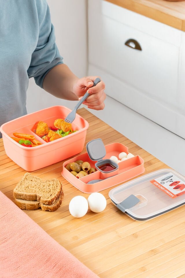 Porsima 3193 Vakumlu Kendinden Kaşık Çatallı Sosluklu Bölmeli Beslenme Çantası- 2 Katlı Lunch Box-Sefer Tası