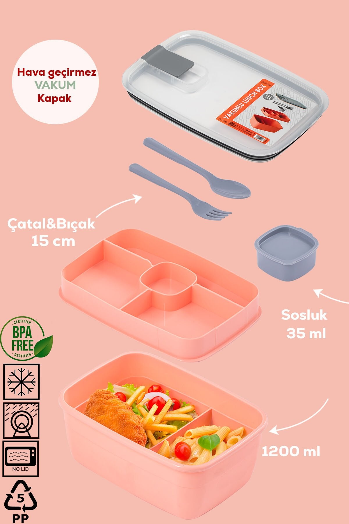 Porsima 3193 Vakumlu Kendinden Kaşık Çatallı Sosluklu Bölmeli Beslenme Çantası- 2 Katlı Lunch Box-Sefer Tası