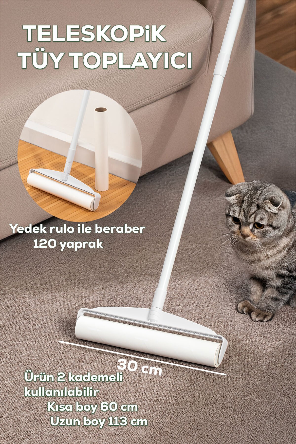 Porsima 3109 Teleskopik Uzun Saplı Yedek Başlıklı Tüy Alma Rulosu Tüy Toz Alıcı Rulo 120 Yaprak