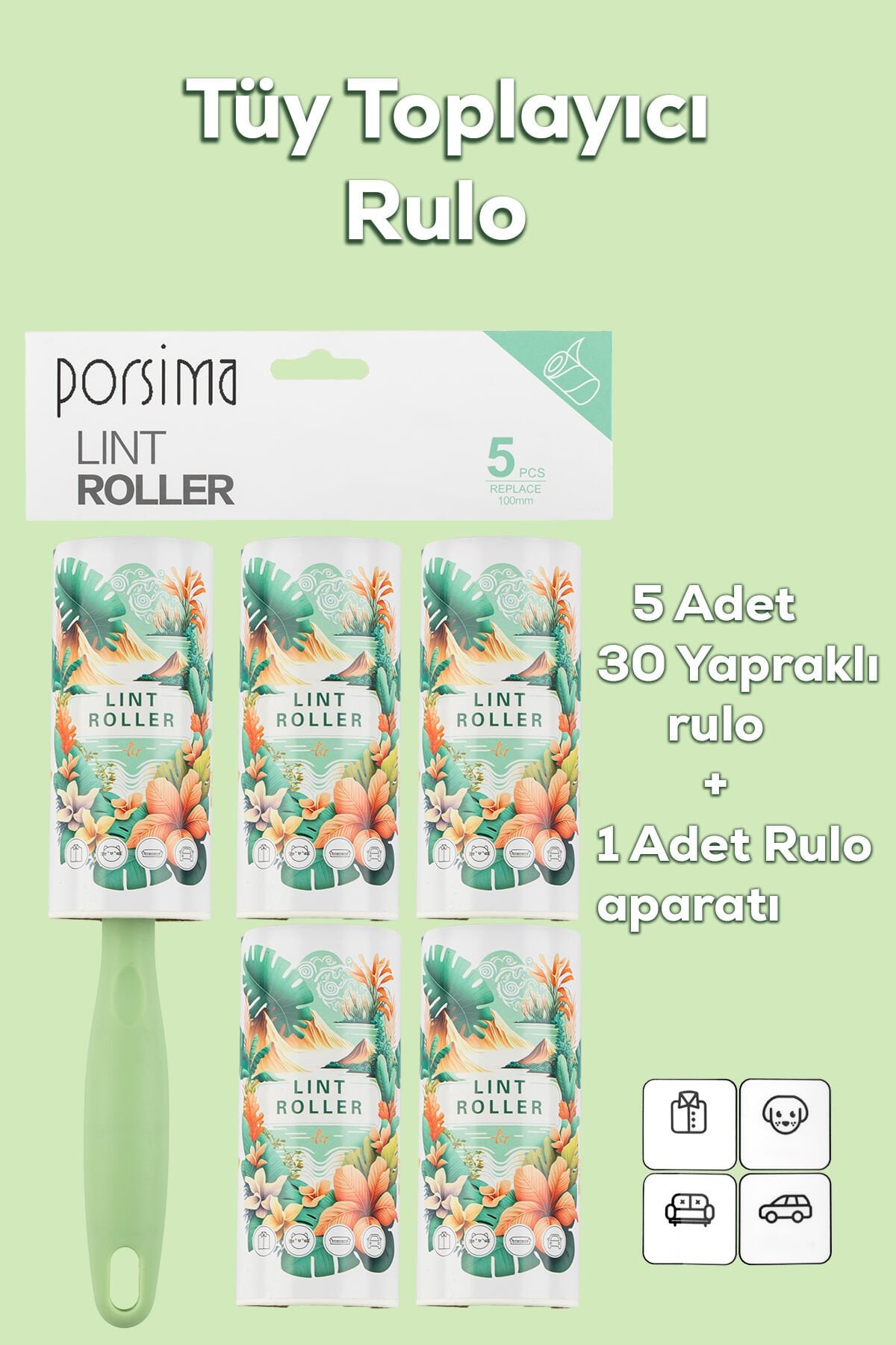 Porsima 3107 Kedi Köpek Tüy Toplayıcı Rulo 4 Adet Yedek Rulo Yeşil