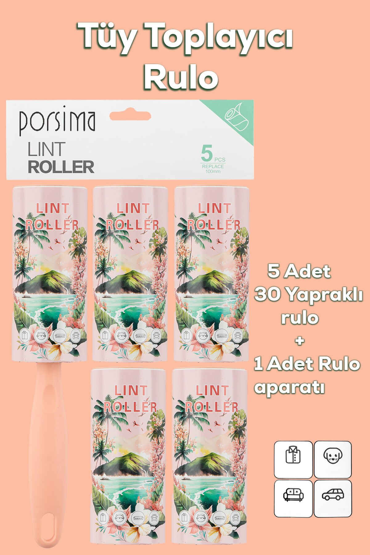 Porsima 3106 Kedi Köpek Tüy Toplayıcı Rulo 4 Adet Yedek Rulo Somo