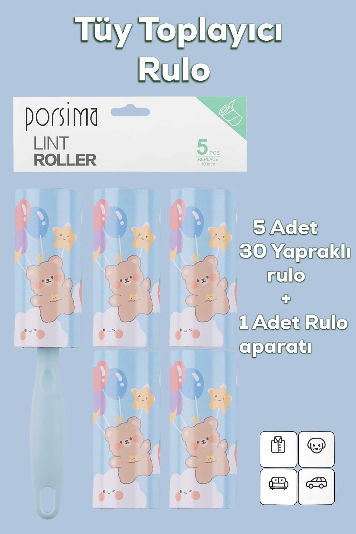 Porsima 3105 Kedi Köpek Tüy Toplayıcı Rulo 4 Adet Yedek Rulo Mavi