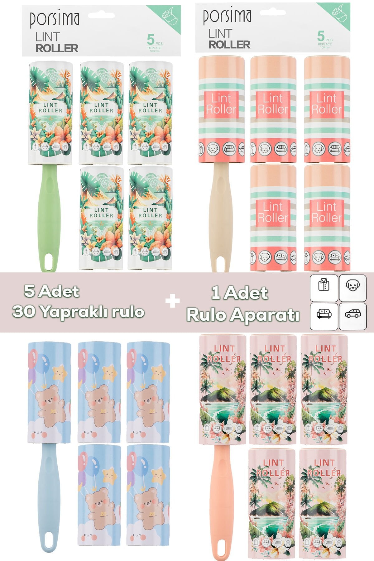 Porsima 3103 Kedi Köpek Tüy Toplayıcı Rulo + 4 Adet Yedek Rulo