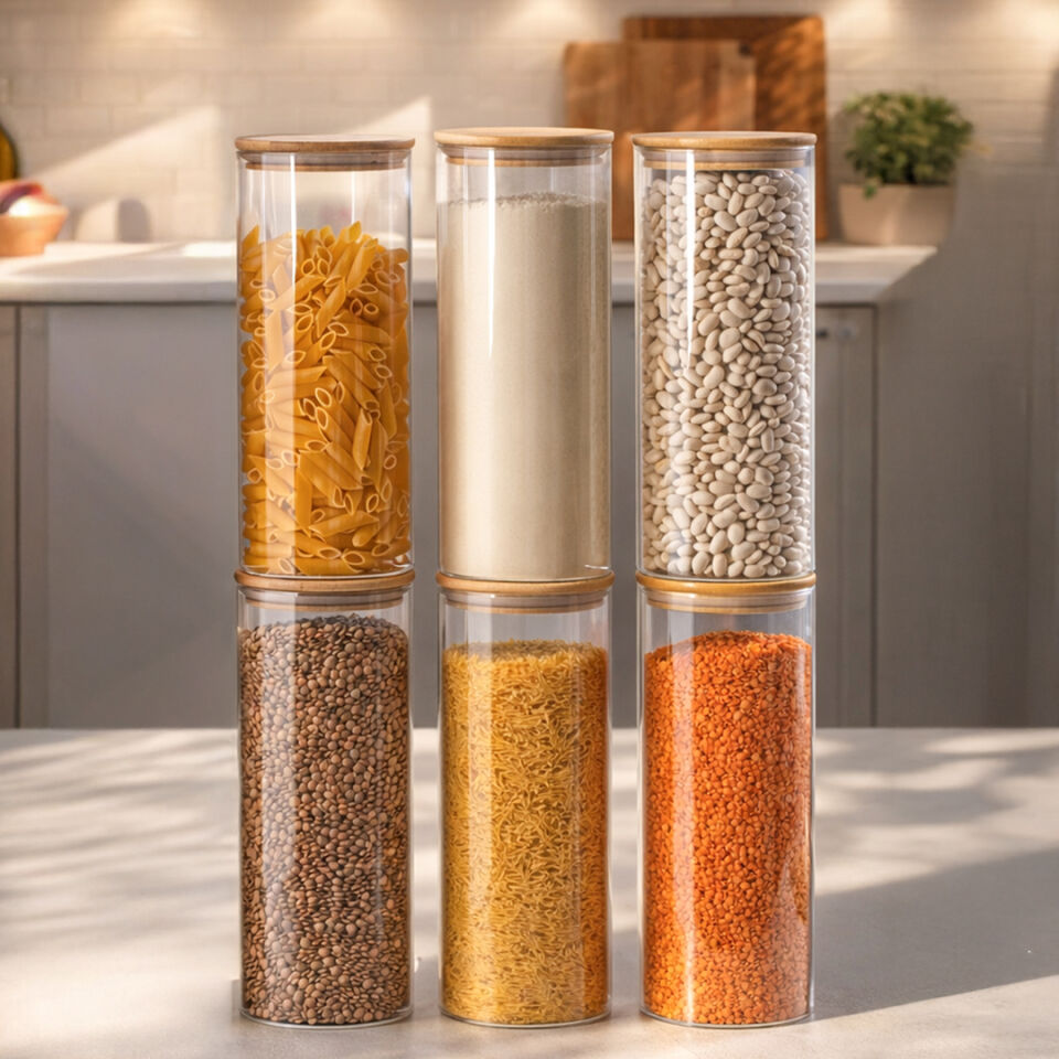 Porsima 4-3 Bambu Vakumlu Kapaklı Yuvarlak Borosilikat Cam 6lı Kavanoz Seti Saklama Kabı 2100ml 10x30cm