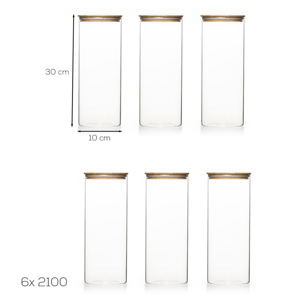 Porsima 4-3 Bambu Vakumlu Kapaklı Yuvarlak Borosilikat Cam 6lı Kavanoz Seti Saklama Kabı 2100ml 10x30cm