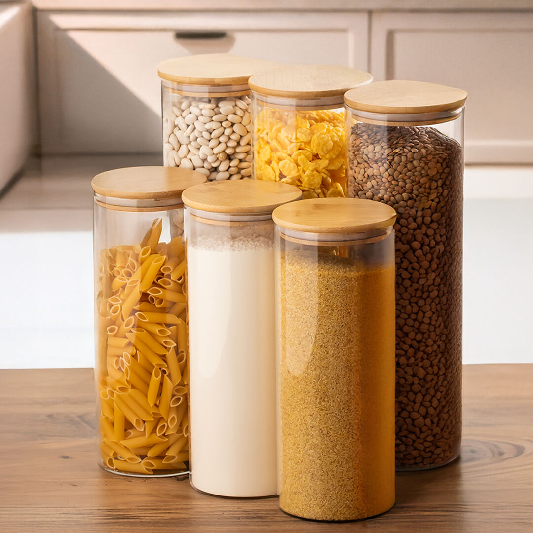 Porsima 4-3 Bambu Vakumlu Kapaklı Yuvarlak Borosilikat Cam 6lı Kavanoz Seti Saklama Kabı 2100ml 10x30cm