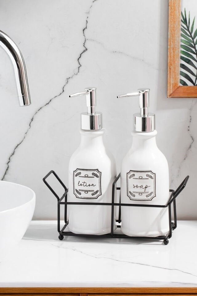 Porsima 3115 Gümüş Kapaklı Porselen 2li Sıvı Sabunluk – Beyaz 700 ml