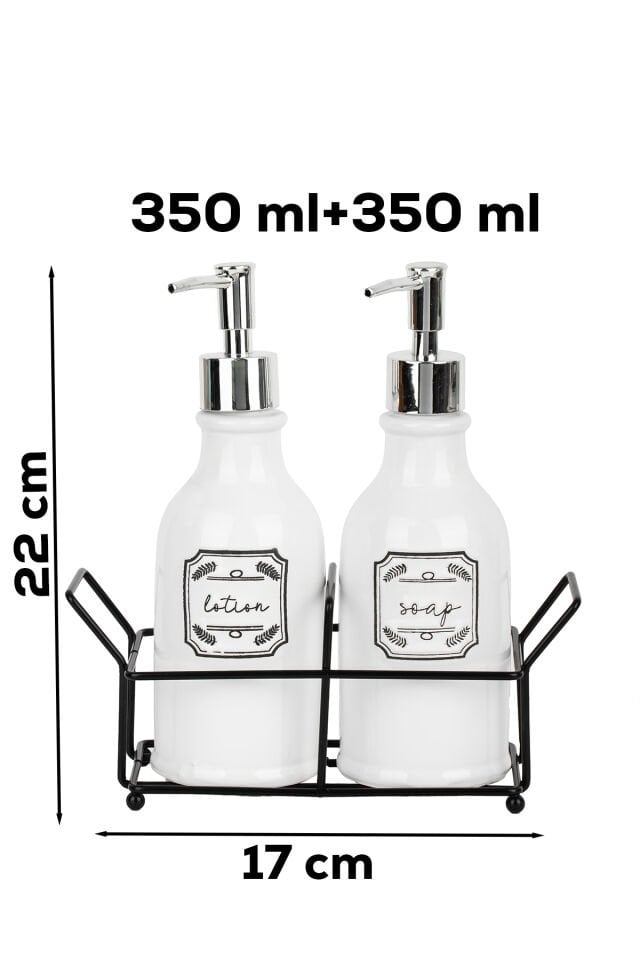 Porsima 3115 Gümüş Kapaklı Porselen 2li Sıvı Sabunluk – Beyaz 700 ml