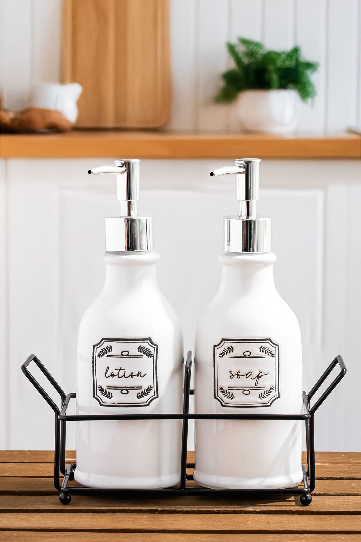 Porsima 3115 Gümüş Kapaklı Porselen 2li Sıvı Sabunluk – Beyaz 700 ml