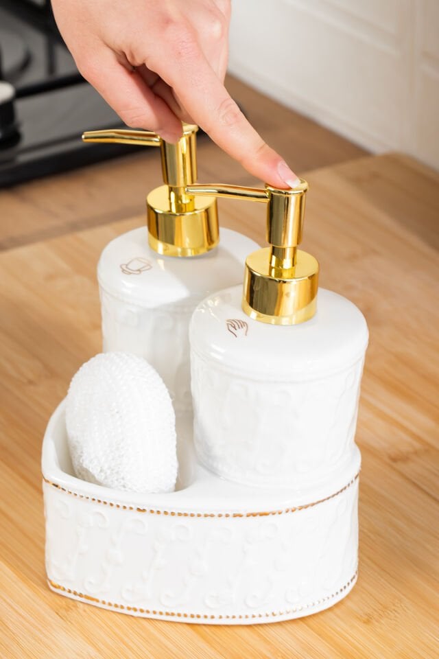 Porsima 3117 Gold Kapaklı Porselen Süngerli 2li Sıvı Sabunluk – Beyaz 350+350 ml