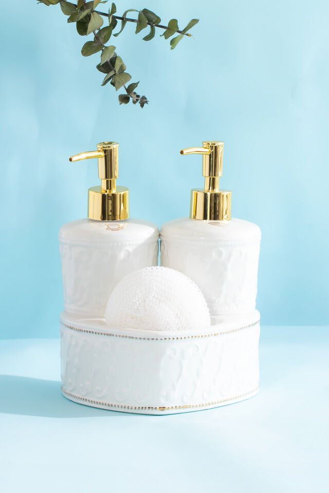 Porsima 3117 Gold Kapaklı Porselen Süngerli 2li Sıvı Sabunluk – Beyaz 350+350 ml