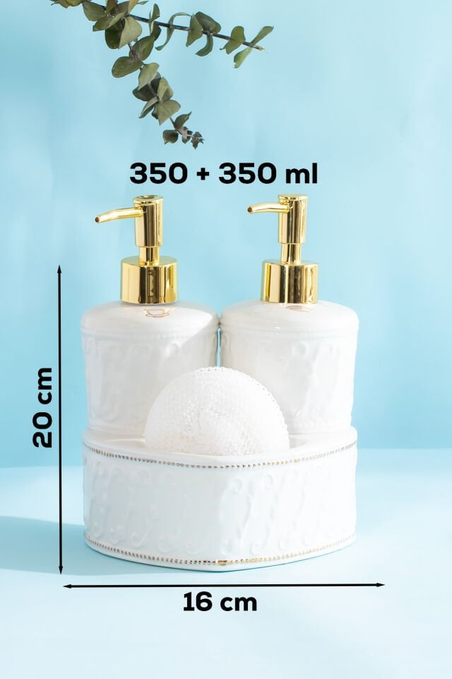Porsima 3117 Gold Kapaklı Porselen Süngerli 2li Sıvı Sabunluk – Beyaz 350+350 ml