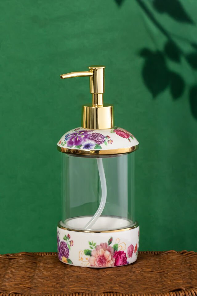 Porsima 3127 Gold Kapaklı Porselen ve Cam Sıvı Sabunluk – Çiçek Desenli ve Şeffaf Tasarım 350 ml